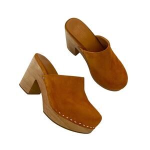 Charlotte Stone Marlo Orange Suede Wooden Block Heel Clogs Platform Mules Size 8